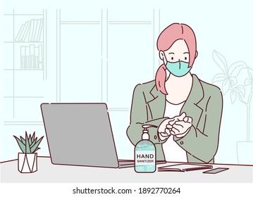 Business woman wearing face mask in the office and use the disinfectant hand gel because of Covid-19 and corona virus. Hand drawn in thin line style, vector illustrations.(A Mask can be removable)