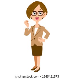 A business woman wearing glasses who guts poses sideways