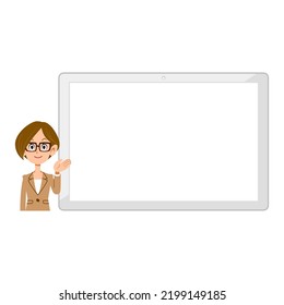 A business woman wearing glasses who guides on the left side of a horizontal white tablet PC