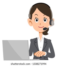 Business woman wearing a headset to operate a personal computer