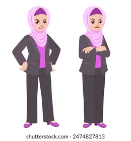 Business woman wearing hijab and suit jacket standing crossed arms unhappy 