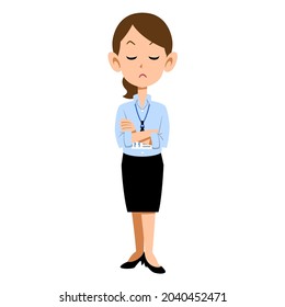 A business woman wearing a light blue shirt and an employee ID card with her arms folded and her eyes closed.