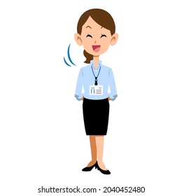 A business woman wearing a light blue shirt and an employee ID card, nodding with a smile