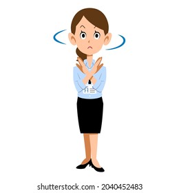 A business woman wearing a light blue shirt and wearing an employee ID card, making a cross mark by hand