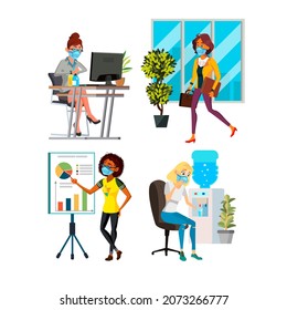 Business Woman Wearing Mask. People Office Worker Wearing Safety Mask. Pandemic Girl. Healthy Indoor Care. Vector Character Flat Cartoon Illustration