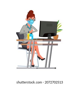 business woman wearing mask. personal hygiene. adult woman cuoght. quarantine office worker. vector character flat cartoon Illustration