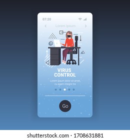 business woman wearing protection mask to prevent coronavirus businesswoman using laptop at workplace 2019-nCoV pandemic concept copy space smartphone screen mobile app full length vector illustration