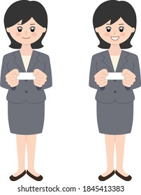 Business woman wearing a skirt with black hair handing over a business card. Vector illustration isolated on white background.