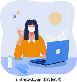 Business woman wearing surgical masks and standing healthcare and prevention concept. Office worker in masks and gloves. Coronavirus quarantine covid-19. Self isolation in offices.