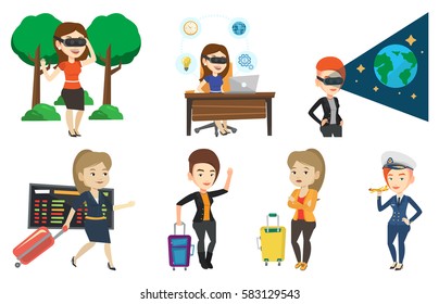 Business woman wearing virtual reality headset and working on a computer. Business woman using virtual reality device in office. Set of vector flat design illustrations isolated on white background.