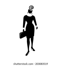 Business woman web icon. Lead symbol.  Black silhouette of fashion woman with bag and ear-ring on white background. Vector illustration