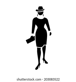 Business woman web icon. Lead symbol.  Black silhouette of fashion woman with small bag and hat on white background. Vector illustration