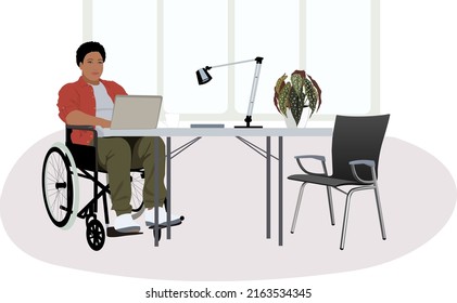 Business woman in Wheel chair working in modern comfortable office or home office. Concept of disabled people inclusion into society.  Cartoon style realistic vector illustration.