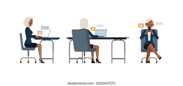 Business woman white hair color wear blue suit character vector illustration design set. Woman sending documents via email.