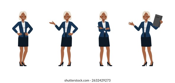 Business woman white hair color wear blue suit character vector illustration design set. Women standing and presentation.