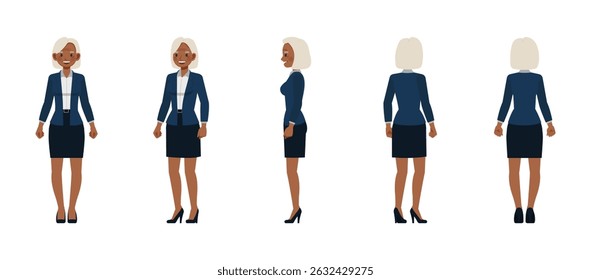 Business woman white hair color front, side and back view wear blue suit character vector illustration design set. Presentation in various action.