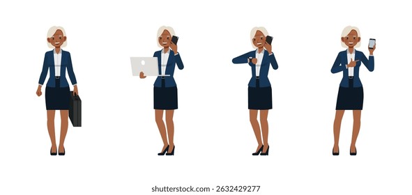 Business woman white hair color wear blue suit character vector illustration design set. Women holding briefcase and talk on phone.
