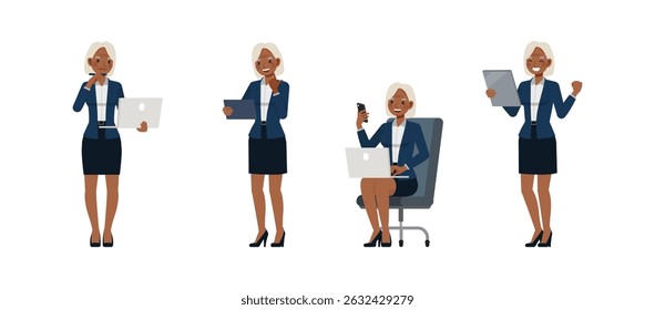 Business woman white hair color wear blue suit character vector illustration design set. Woman reading customer reviews.