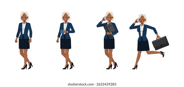 Business woman white hair color wear blue suit character vector illustration design set. Woman walking and running.