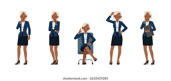 Business woman white hair color wear blue suit character vector illustration design set. Women working and thinking.