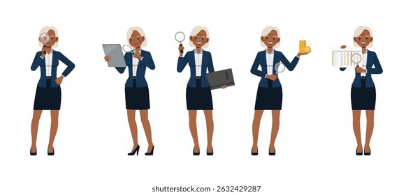 Business woman white hair color wear blue suit character vector illustration design set. Women working and holding magnifying glass.