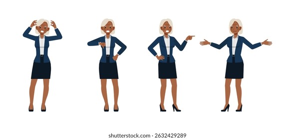 Business woman white hair color wear blue suit character vector illustration design set. Women with negative emotions.