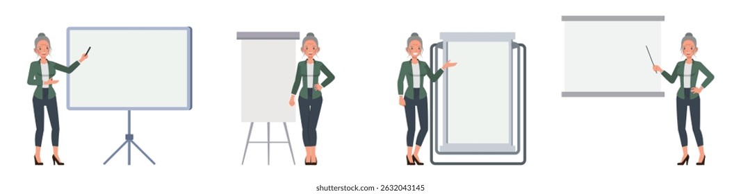 Business woman with white hair tied up wear green shirt character vector illustration design set. Women standing next to a whiteboard.