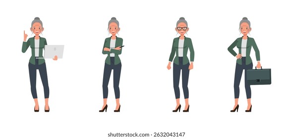 Business woman with white hair tied up wear green shirt character vector illustration design set. Women wearing glasses and holding laptop, briefcase.