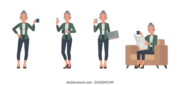 Business woman with white hair tied up wear green shirt character vector illustration design set. Women holding a coffee cup.