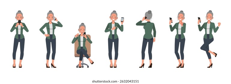 Business woman with white hair tied up wear green shirt character vector illustration design set. Women holding a mobile phone.