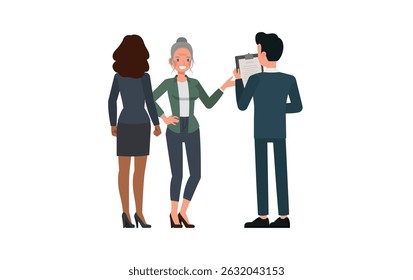 Business woman with white hair tied up wear green shirt character vector illustration design. Women standing and speaking to a group.