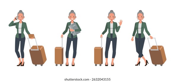 Business woman with white hair tied up wear green shirt character vector illustration design set. Women holding a suitcase.