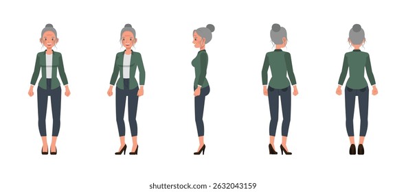 Business woman with white hair tied up front, side and back view wear green shirt character vector illustration design set. Presentation in various action.