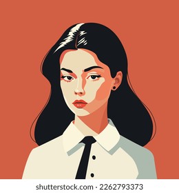 A business woman in a white shirt and tie on a contrasting orange background. Avatar of a brunette girl. Red lipstick on the lips, lush hair. A beautiful lady. Vector illustration, poster