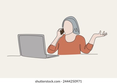 the business woman who called was complaining.colored.Business call one-line drawing
