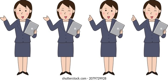 A business woman who explains while holding a tablet, 4 patterns