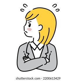 A business woman who gets angry while being embarrassed.