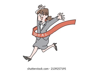 Business woman who is happy to reach the goal Comical handwritten person Vector, line drawing and color