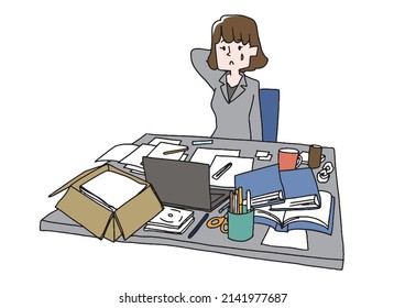 Business Woman Who Is Not Good At Cleaning Up The Desk Comical Handwritten Person Vector, Color On Line Drawing