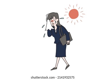 Business woman who is open in the hot weather, a comical handwritten person, vector, line drawing and color