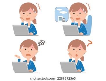 A business woman who uses a personal computer to work remotely in the office, at home, in the car, etc. A set of various facial expressions.