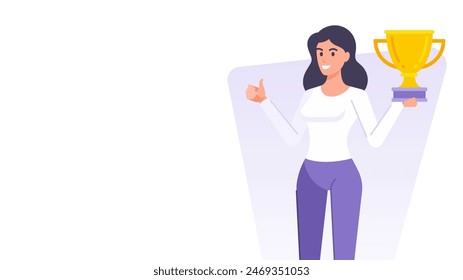 Mujer de negocios gana con la taza de oro trofeo de diseño de Anuncio ilustración plana de Vector de Plantilla. Personaje femenino de dibujos animados pulgar frío hasta el primer lugar mejor recompensa logro victoria liderazgo triunfo