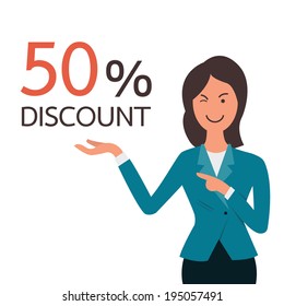 Business woman winking and presenting to 50% discount on her hand. You can change your own text or design in copyspace. 