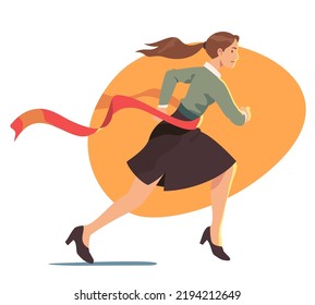 Business woman winner leader person running, crossing finish line ribbon. Confident businesswoman win race competition achieving success. Career achievement leadership concept flat vector illustration