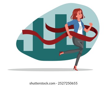 Business woman winner leader person running, crossing finish line ribbon. Confident businesswoman win race competition achieving success. Career achievement leadership concept flat vector illustration