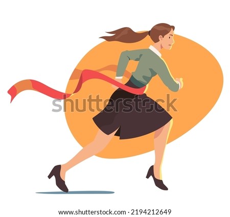 Business woman winner leader person running, crossing finish line ribbon. Confident businesswoman win race competition achieving success. Career achievement leadership concept flat vector illustration