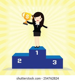 Business Woman Winner Standing In First Place On A Podium Holding Up Trophy