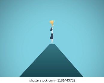 Business woman winner vector concept. Businesswoman gold cup above head on top of mountain. Symbol of success, achievement, ambition. Eps10 vector illustration.