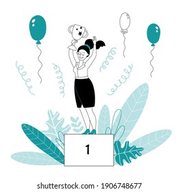 Business woman winner. Victory champion, female success or work achievement. Office awards, leader girl with trophy decent vector character