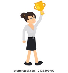Business woman with a winner's cup. Female winner, vector illustration